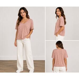 Ambiance Striped V-Neck Tee Shirt Mauve Pink White Plus Size 1X Short Sleeve
